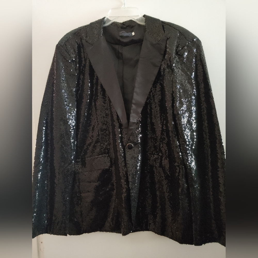 Black Sequin Tuxedo Jacket Polyester Lining 2xl - image 1